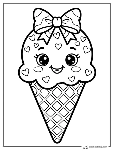 Kawaii ice cream cone with big bow, heart sprinkles, smiling face, and waffle cone pattern