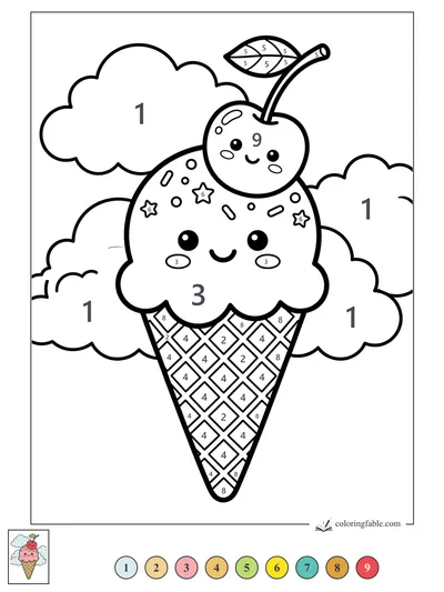Kawaii Ice Cream Cone with Cherry in July Clouds — color by number