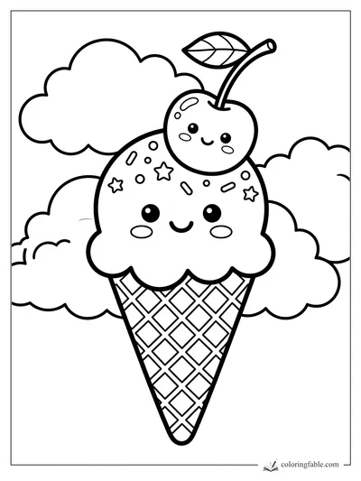 Kawaii ice cream cone with smiling scoop, cherry, sprinkles, waffle cone, and fluffy clouds.