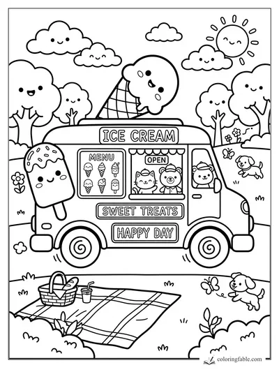 Kawaii ice cream truck with smiling animals, popsicle sign, picnic blanket, puppies, clouds and sun.