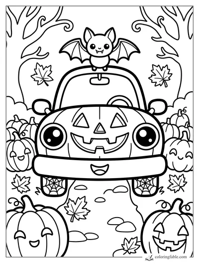 Cute Halloween car with jack-o’-lantern face, bat on roof, pumpkins, leaves, and spiderweb wheels
