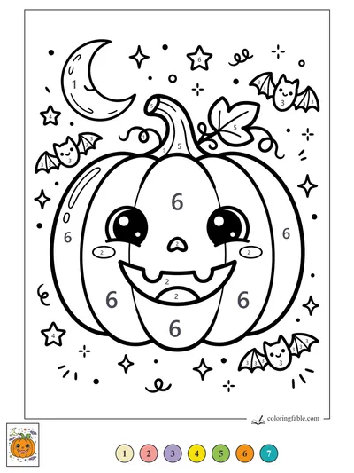 Kawaii Jack-o’-Lantern with Moon and Bats — color by number