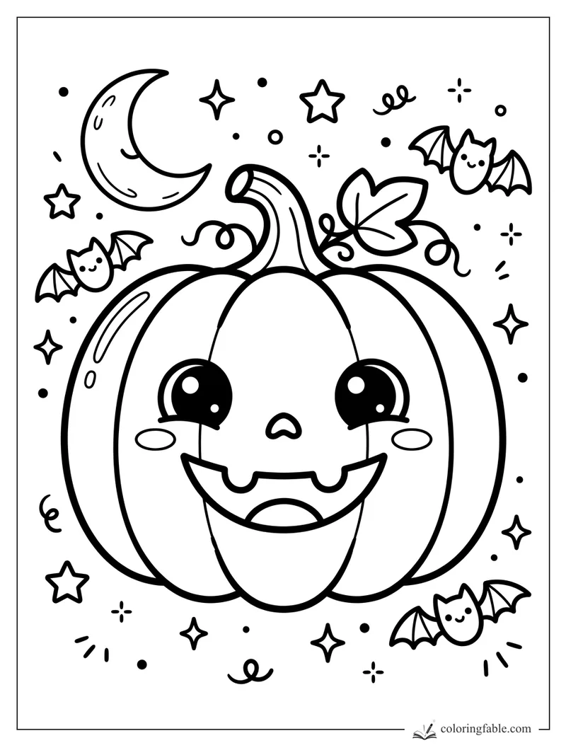 Kawaii jack-o’-lantern with big eyes, a crescent moon, stars, vines, leaf, and smiling bats.