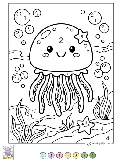 Kawaii Jellyfish With a Star Clip — color by number