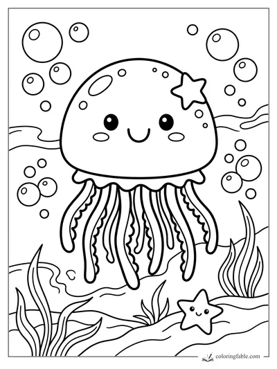 Cute kawaii jellyfish with a star clip, bubbles, seaweed, and a smiling starfish under the sea