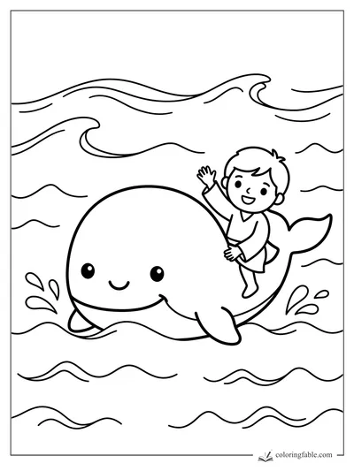 Kawaii Bible boy waving from a smiling whale in rolling ocean waves