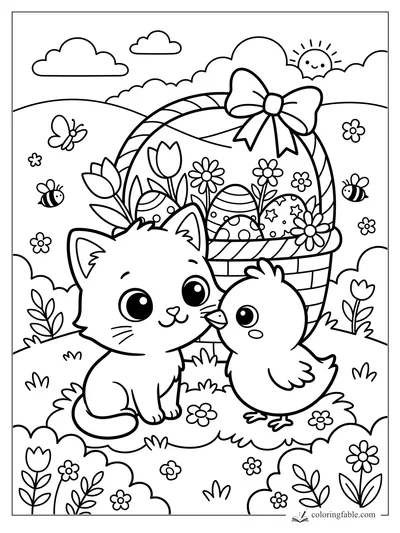 Kawaii kitten and chick beside a bow-topped Easter basket with eggs, flowers, bees, butterfly, sun, and hills.