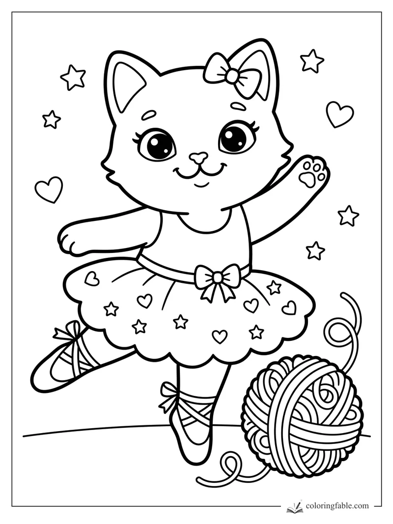 Kawaii kitten ballerina in a heart-and-star tutu posing beside a ball of yarn.