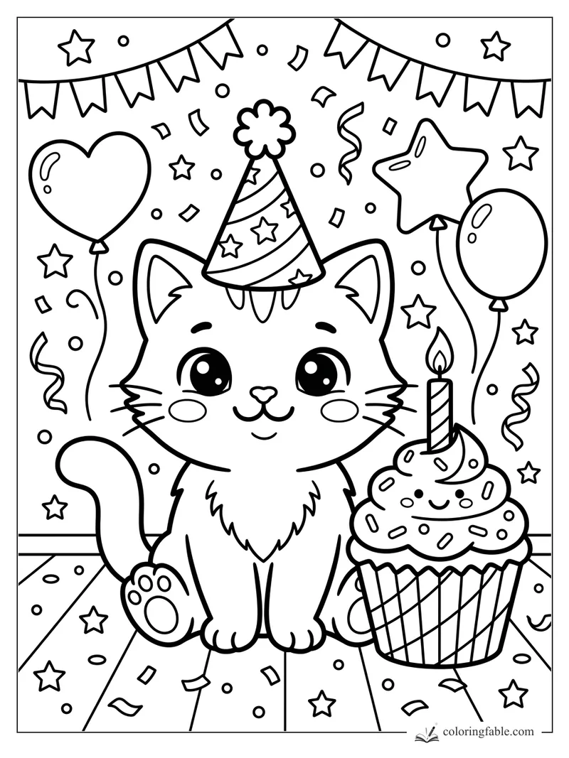 Kawaii kitten in a party hat beside a candle cupcake, balloons, bunting, stars, and confetti.