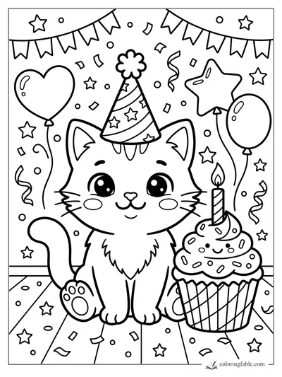 Kawaii kitten in a party hat beside a candle cupcake, balloons, bunting, stars, and confetti.