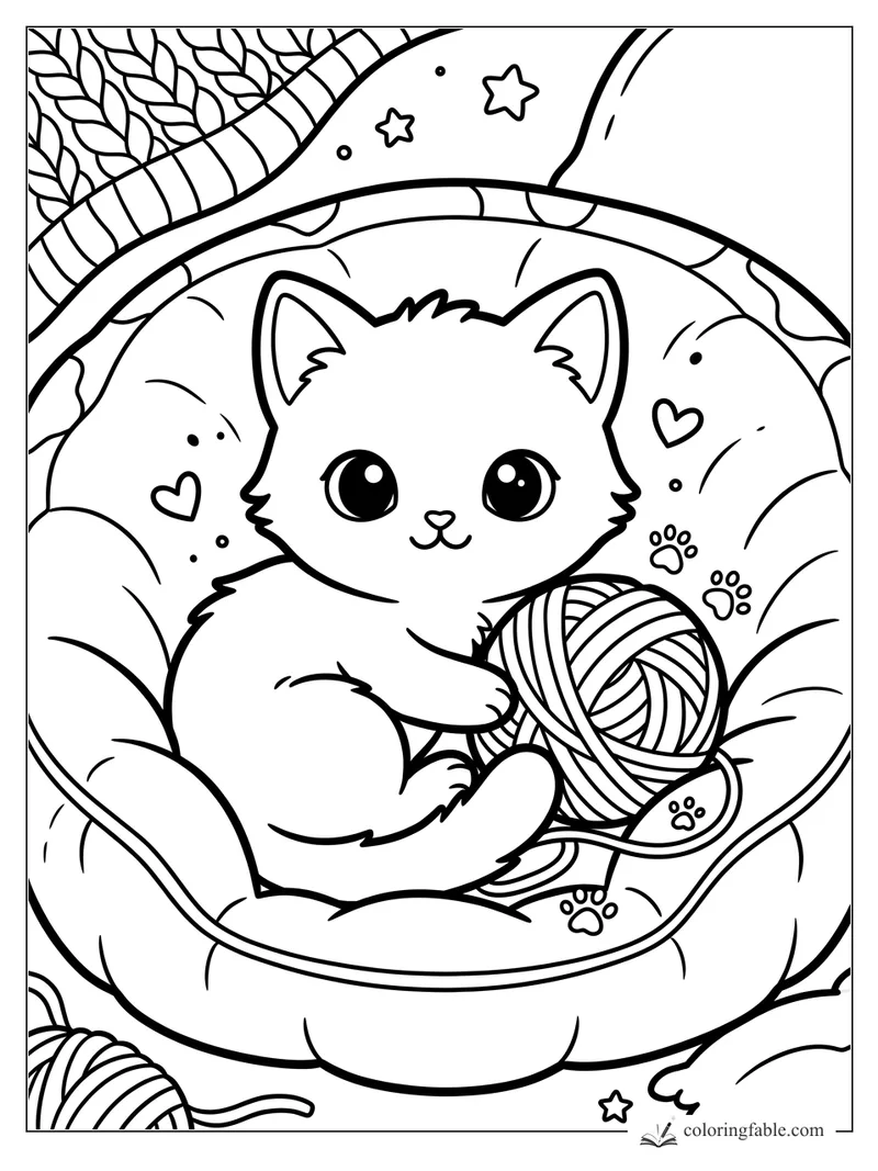Kawaii kitten cuddling a yarn ball in a puffy pet bed with hearts, paw prints, stars, and a knit blanket.