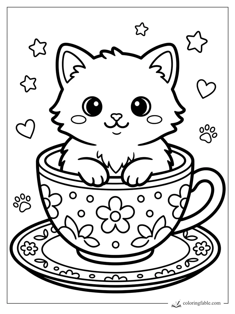 Kawaii kitten peeking from a flowered teacup with hearts, stars, paw prints, and saucer details