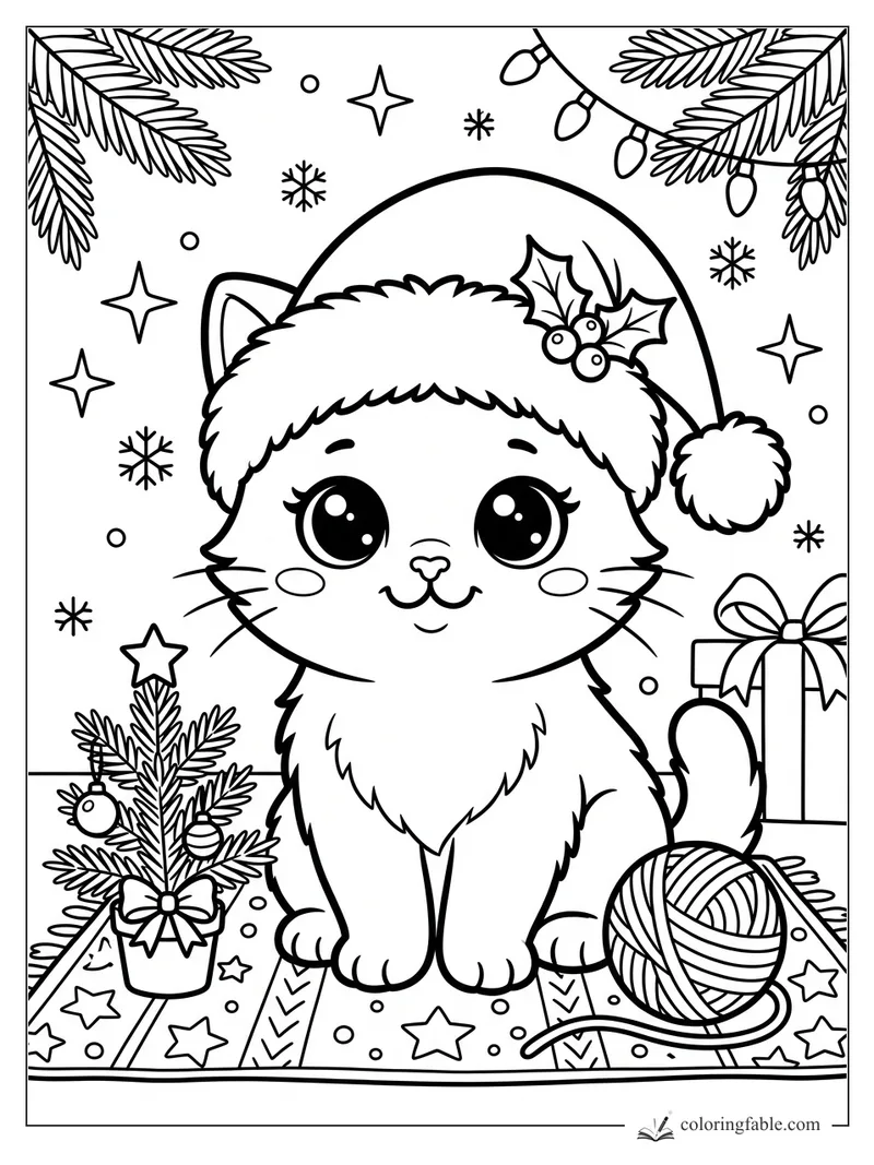 Kawaii kitten in a Santa hat beside a tiny Christmas tree, gift box, and ball of yarn.