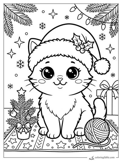 Kawaii kitten in a Santa hat beside a tiny Christmas tree, gift box, and ball of yarn.