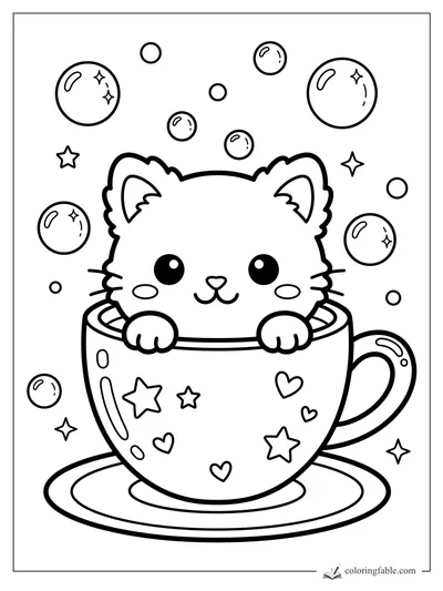 Kawaii kitten peeking from a teacup with stars, hearts, bubbles, and saucer