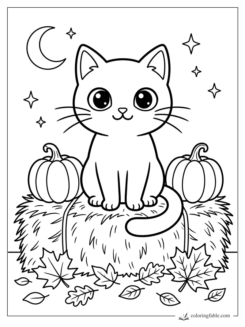 Cute kitten on a hay bale with pumpkins, autumn leaves, crescent moon and stars coloring page