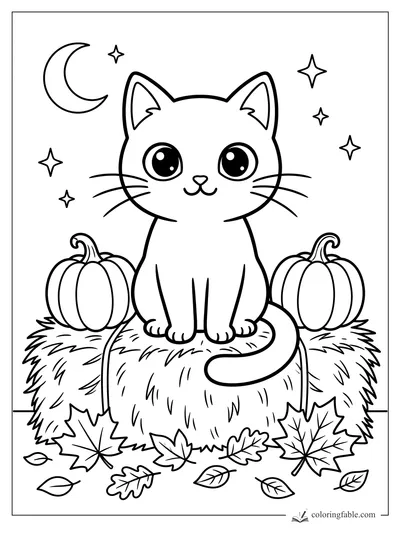 Cute kitten on a hay bale with pumpkins, autumn leaves, crescent moon and stars coloring page