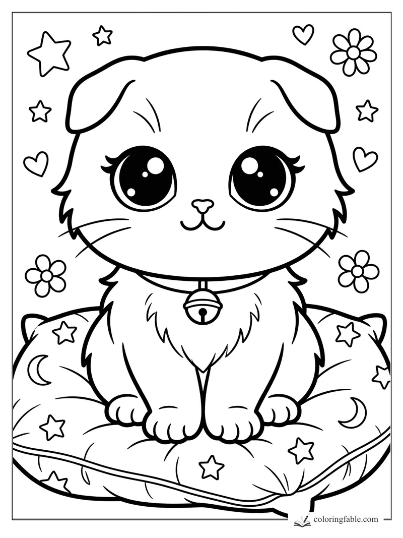 Kawaii kitten with big shiny eyes, bell collar, floppy ears, hearts, flowers, stars, and moon pillow.