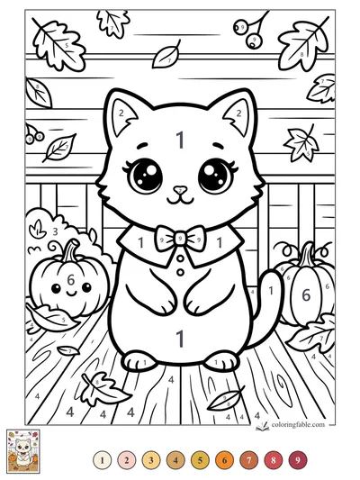 Kawaii Kitten on a Thanksgiving Porch — color by number