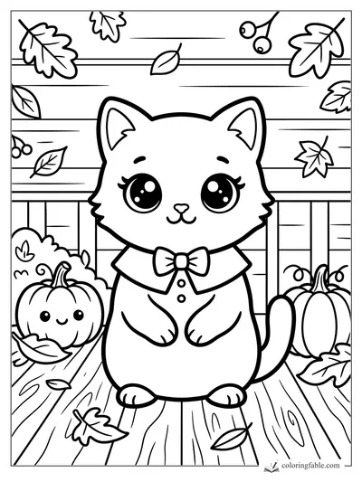 Kawaii kitten with bow tie on a Thanksgiving porch between smiling pumpkins and falling leaves