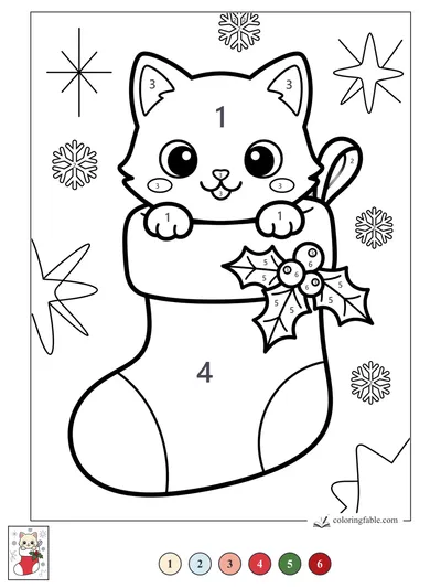 Kawaii Kitten Peeking from a Holly Stocking — color by number