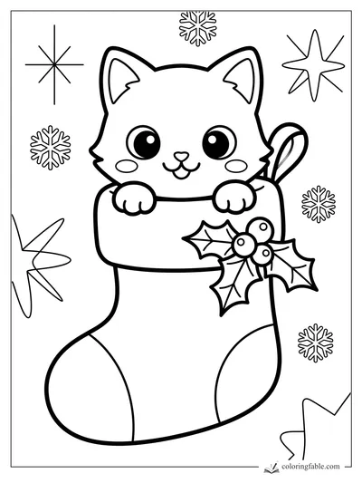 Kawaii kitten peeking from a Christmas stocking with holly berries, candy cane, snowflakes, and stars