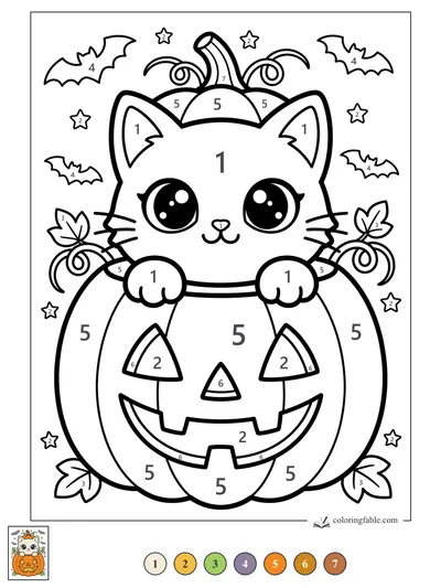 Kawaii Kitten Peeking from a Jack-o’-Lantern — color by number