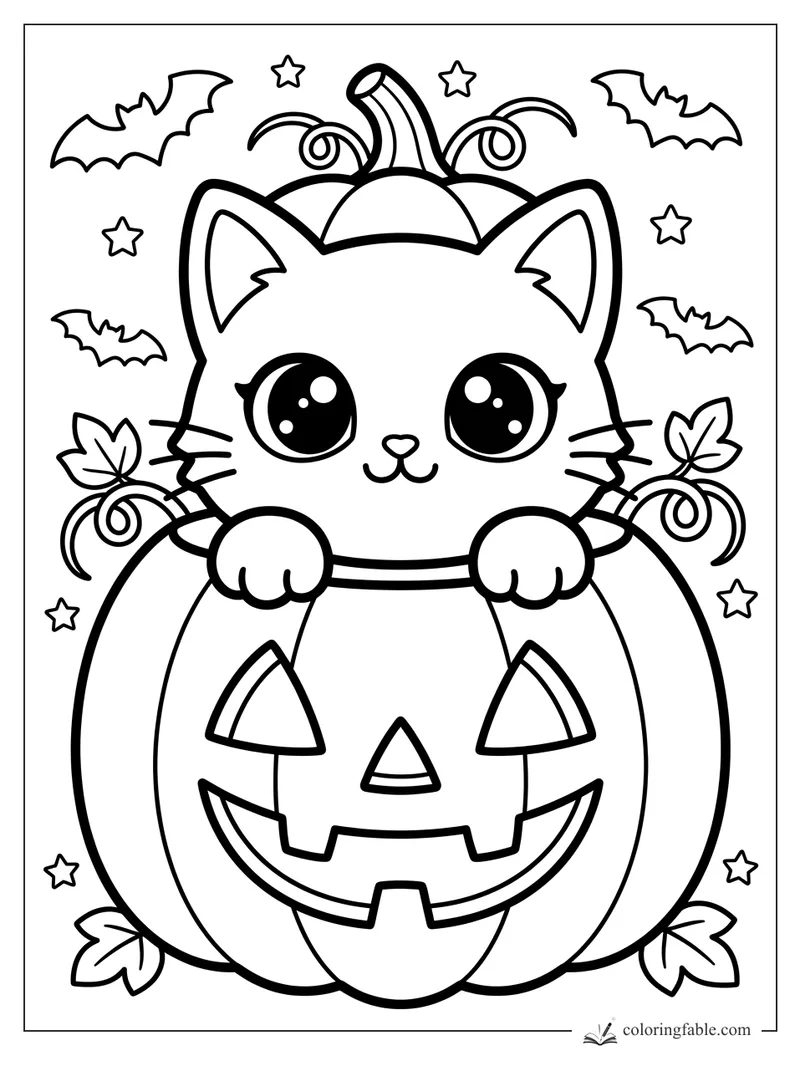 Kawaii kitten peeking over a smiling jack-o’-lantern with bats, stars, vines, and fall leaves
