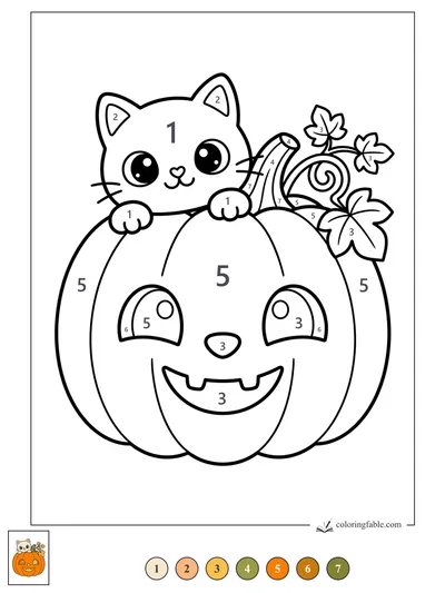 Kawaii Kitten Peeking Over a Jack-o’-Lantern — color by number