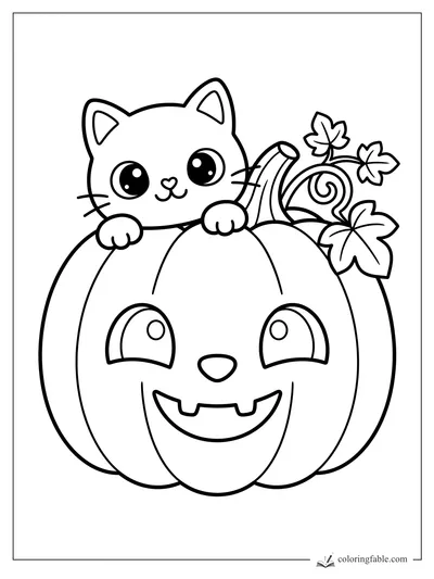 Kawaii kitten peeking over a smiling jack-o’-lantern with curling vines and autumn leaves