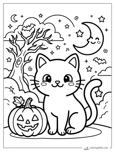 Cute kitten with jack-o’-lantern, crescent moon, bats, stars, and spooky tree coloring page