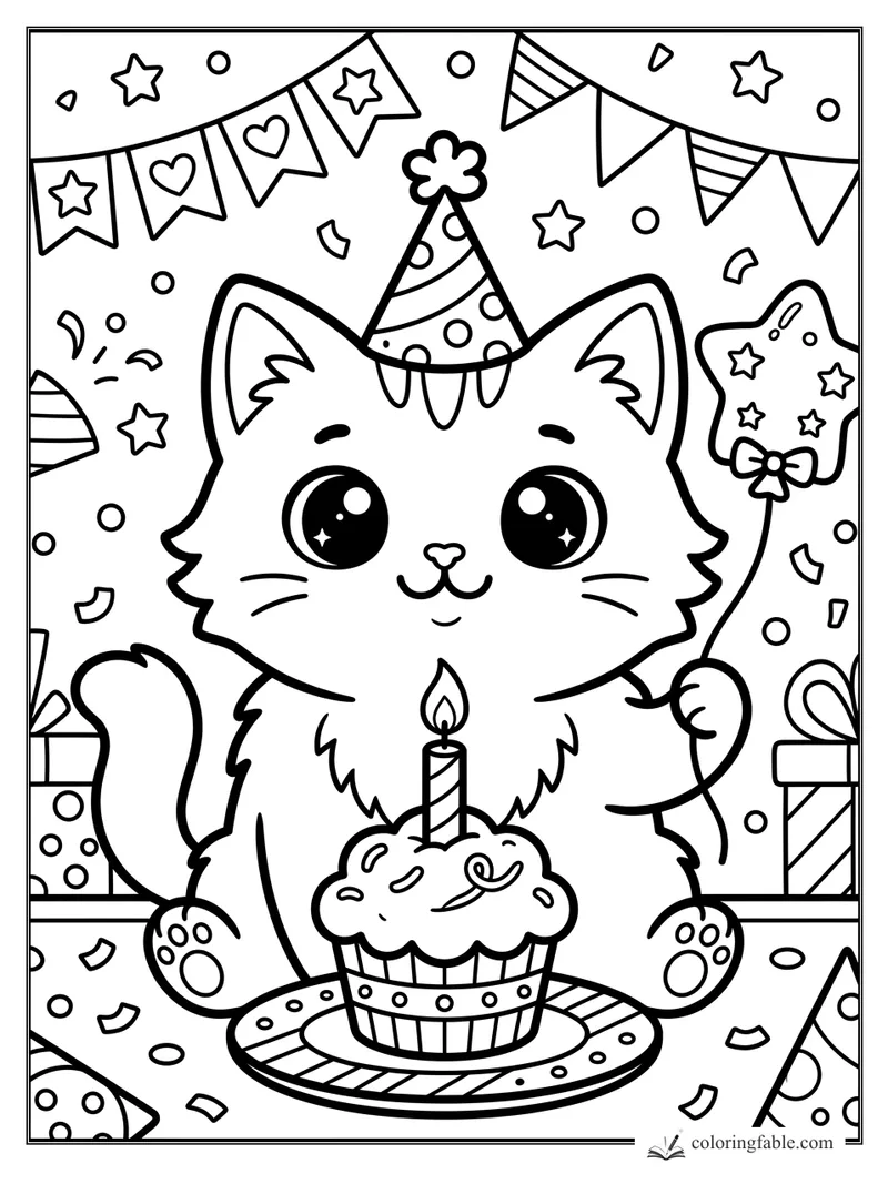 Kawaii birthday kitten with cupcake candle, party hat, star wand, bunting, gifts, and confetti