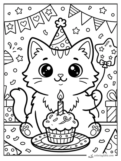 Kawaii birthday kitten with cupcake candle, party hat, star wand, bunting, gifts, and confetti