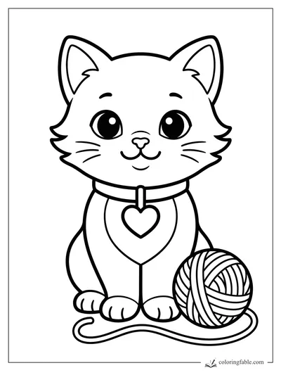Cute kawaii kitten with big eyes, heart tag collar, and a striped ball of yarn coloring page