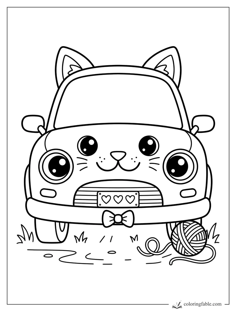 Kawaii cat car with ears, whiskers, bow bumper, heart license plate, and yarn ball in grass.