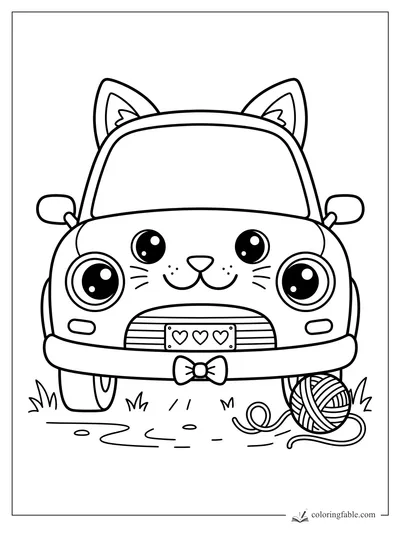 Kawaii cat car with ears, whiskers, bow bumper, heart license plate, and yarn ball in grass.