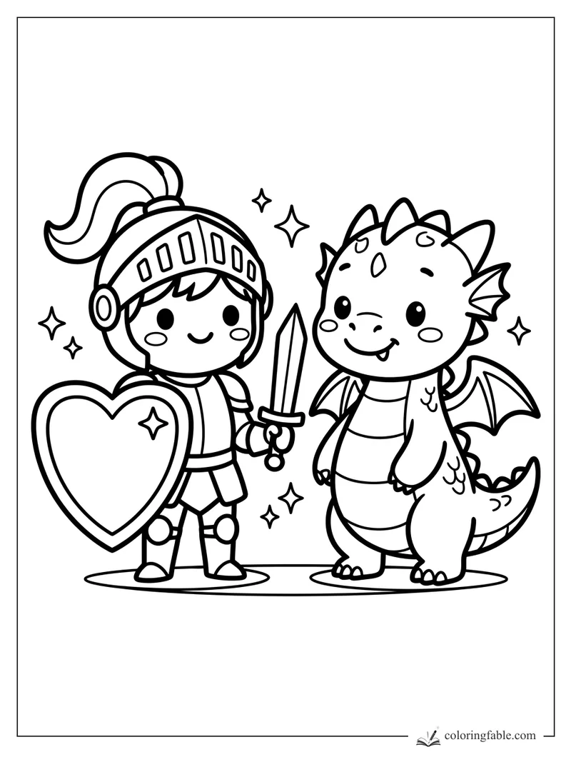 Kawaii knight with heart shield and sword standing beside a smiling baby dragon with sparkles