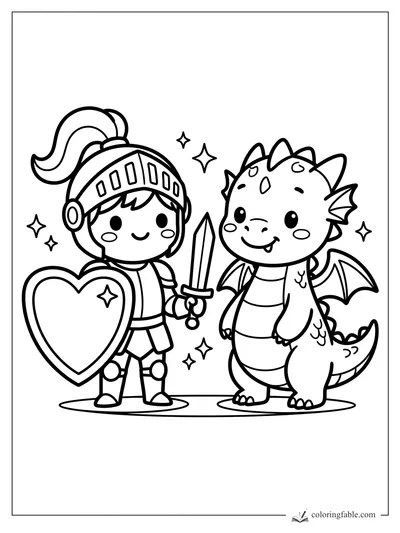 Kawaii knight with heart shield and sword standing beside a smiling baby dragon with sparkles