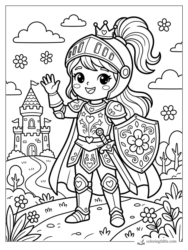 Kawaii knight girl waving with flower shield, crown helmet, sword, castle, clouds, and daisies.