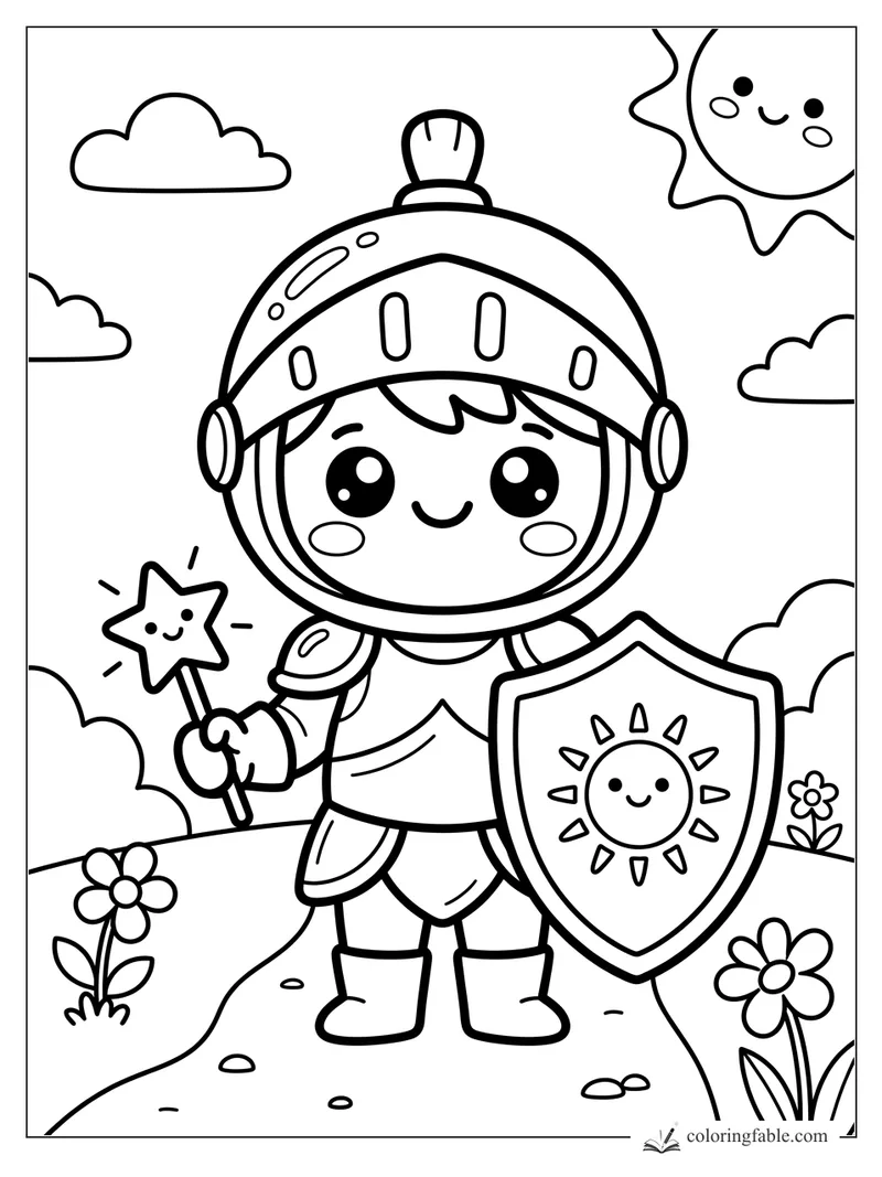 Kawaii knight holding a star wand and sun shield on a flower hill under smiling sun and clouds