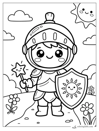 Kawaii knight holding a star wand and sun shield on a flower hill under smiling sun and clouds