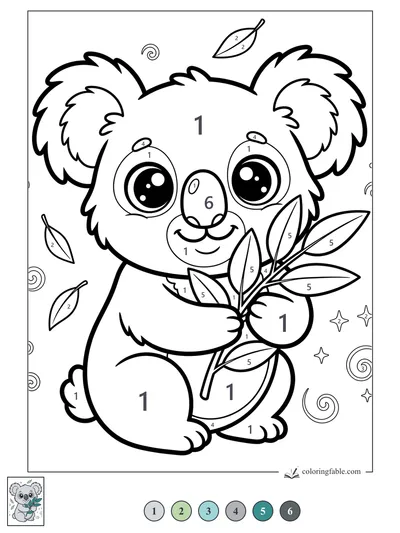 Kawaii Koala Holding Eucalyptus Leaves — color by number