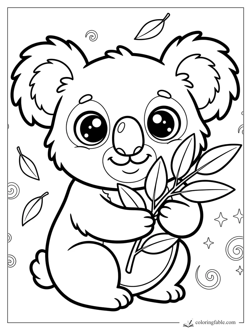 Kawaii koala holding eucalyptus leaves with floating leaves, swirls, and tiny stars