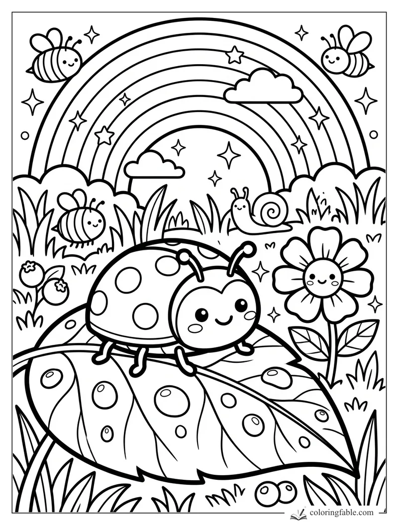 Kawaii ladybug on a spotted leaf with rainbow, bees, snail, flower, clouds, stars, and tall grass.