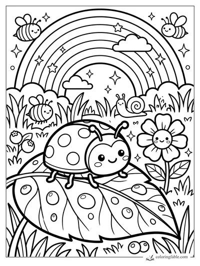 Kawaii ladybug on a spotted leaf with rainbow, bees, snail, flower, clouds, stars, and tall grass.