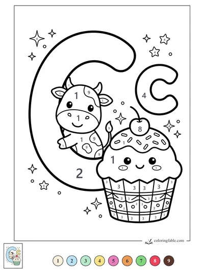 Kawaii Letter C with Cow and Cupcake — color by number