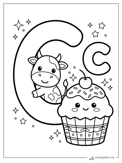 Kawaii letter C coloring page with a smiling cow, cupcake, cherry, sprinkles, and stars.