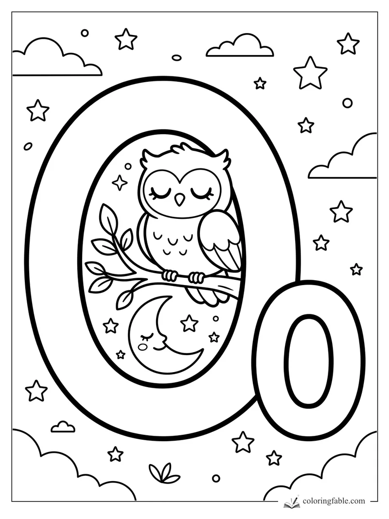 Kawaii letter O coloring page with a sleepy owl on a branch, crescent moon, stars, and clouds.