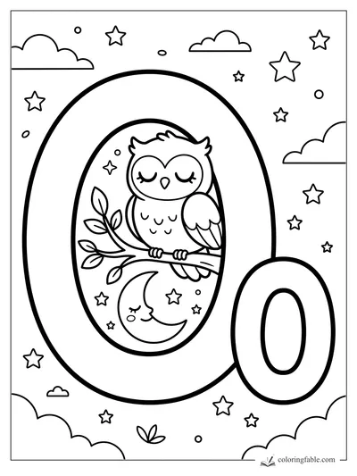 Kawaii letter O coloring page with a sleepy owl on a branch, crescent moon, stars, and clouds.