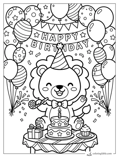 Kawaii lion in a party hat with birthday cake, balloons, banner, gifts, and confetti.